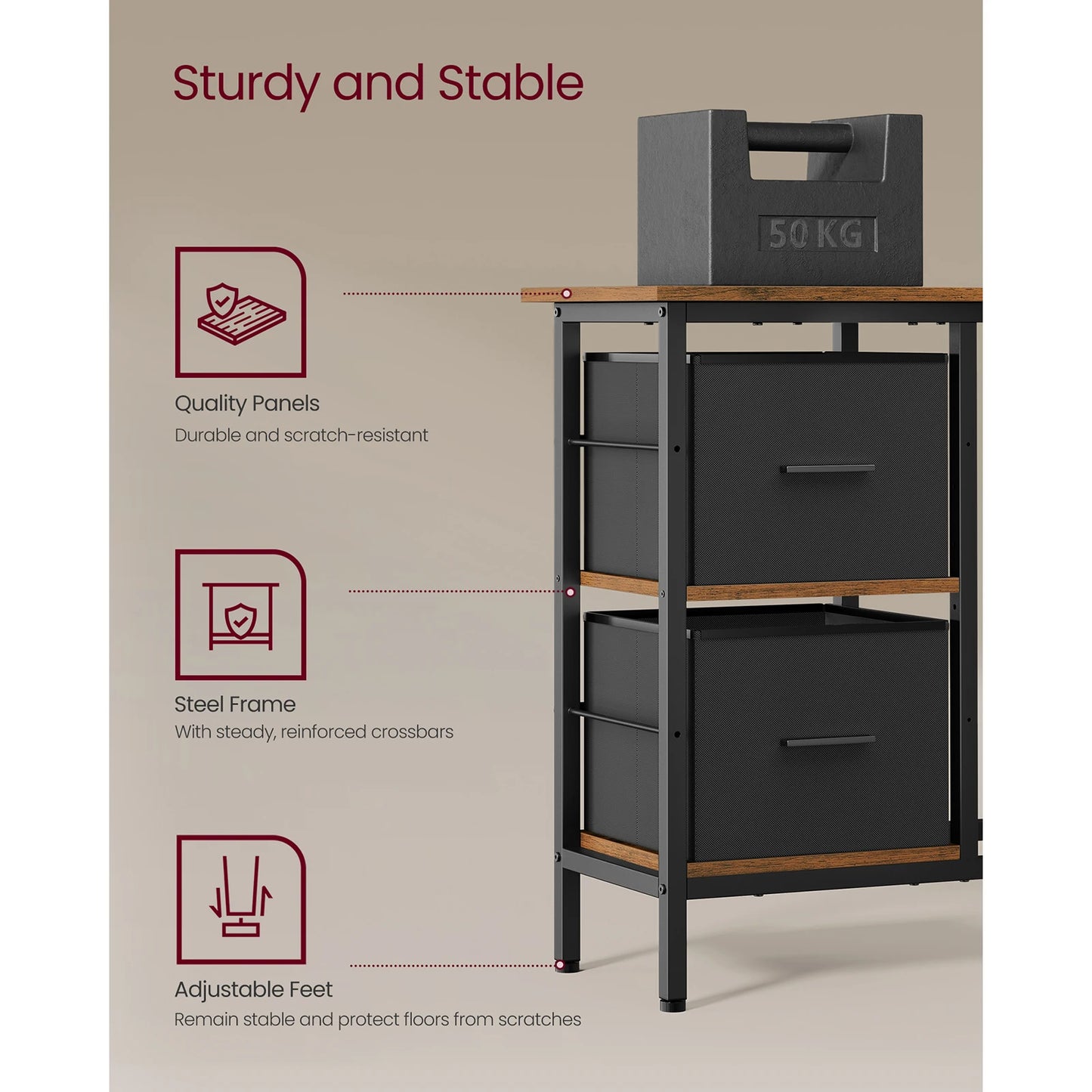 VASAGLE Modern L-Shaped Rustic Brown Wood Top-Reversible Drawers Design Black Steel Metal Frame Two Non-Woven Fabric Drawers Corner Middle Shelves 3-Levels Adjustable Height Computer Desks /Size: 115 x 105 x 89cm/Storage Options