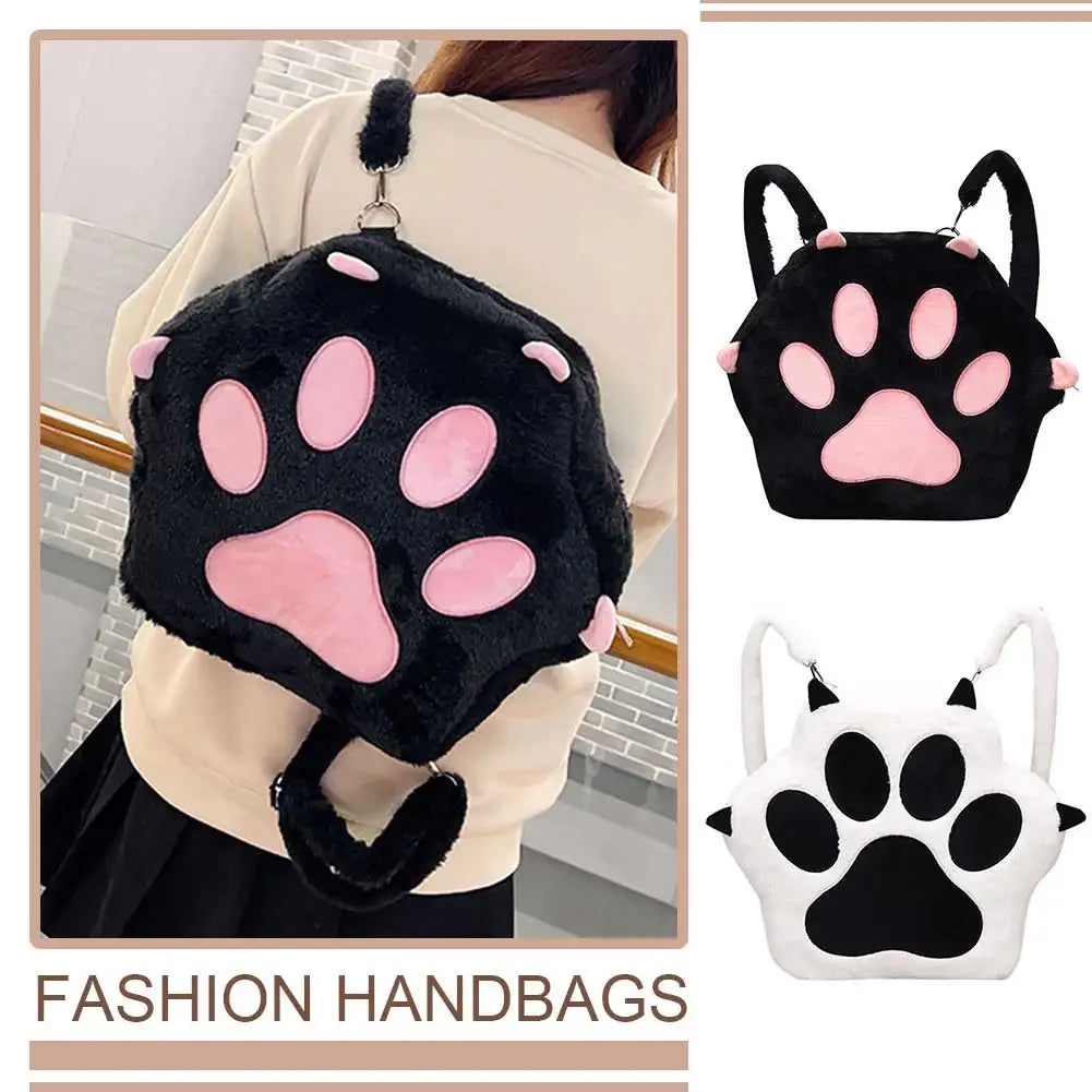 SHUNMAII Women Softback Black-White Polyester Fabric Cute Cartoon Soft Furry Cat Paw Design External Pockets Nylon Lining Zippers Adjustable Straps Slit Pockets School Backpacks
