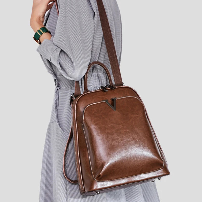 HAOSHUAI Women Lightweight Softback Oil Wax Brown Cowhide Leather Cross Body Adjustable Shoulder Strap-Handle Double Zippers Polyester Lining Built-In Compartment External Pockets Backpacks/Colors-Green/Black/Brown/Protective Sleeve