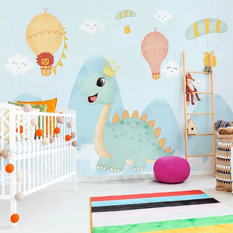 JIADOU Kids Modern Custom Waterproof Non-Toxic Non-Adhesive-Woven Printed 3D Fabric Mural Cute Cartoon Blue Dinosaur-Hot Air Balloon Textile Wallpapers/Requires Paste/Colors-Blue/Multicolor