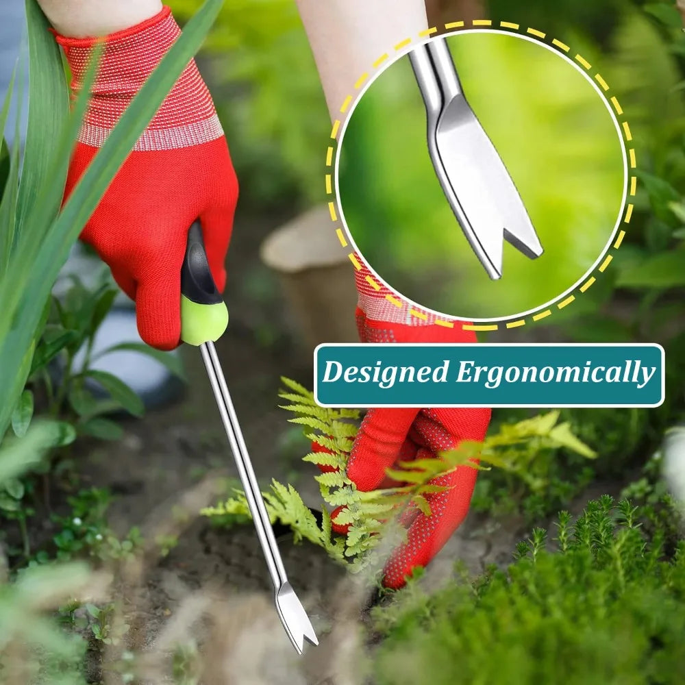 NINTH WORLD Outdoor 2 PCS Anti-Slip Grip Long Length Green-Black Rubber Handle L-Shaped Uncoated  Stainless Steel Handheld Manual Weed-Root Cultivating Tools Sets