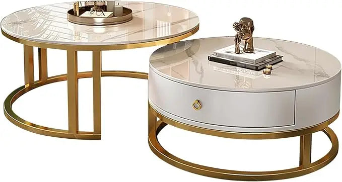 RUO WU Modern Two-In-One Brown Glass Top Metal Frame Base Nesting Coffee Tables/1 Drawer/ Size: 74"D x 74"W x 31"H/Colors-Clear/White/ Silver/ Multicolor