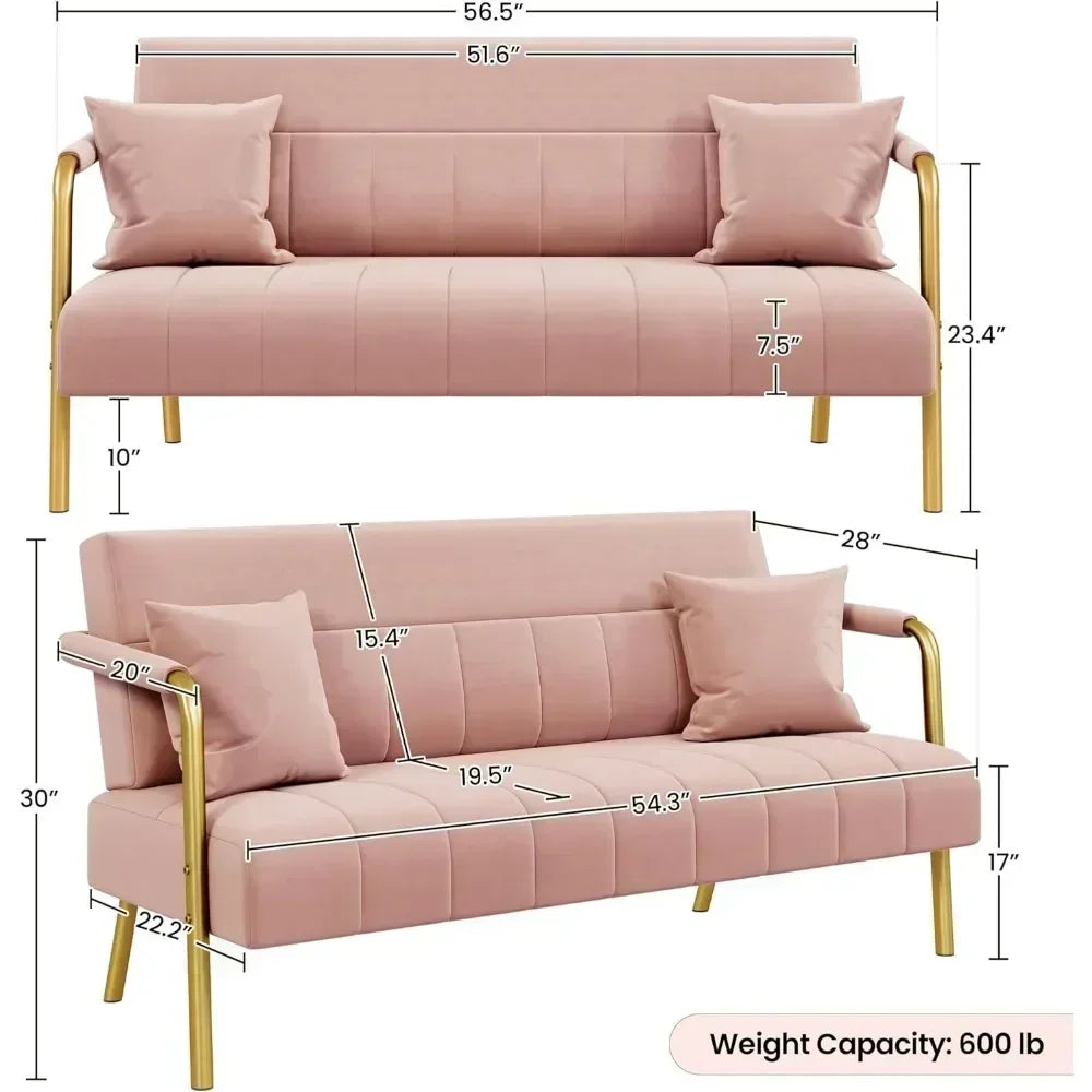 No-EN-Name-Null Modern Gold-Tone Iron Metal Padded Armrests-Legs Pink Soft Polyester Fabric Thick Cushion 2-Seater Loveseat Sofas/Colors-Green/Pink/Light Gray/Two Matching Pink Pillows/Weight Max : 600 LBS