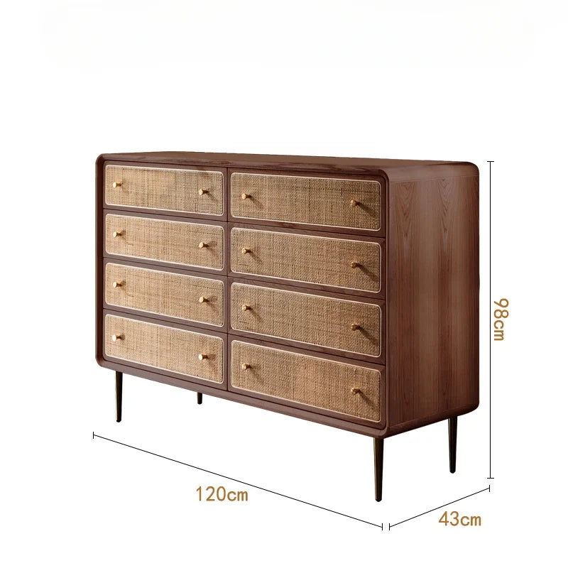 Brown Kitchen Storage Rattan Wood Sideboard w /Drawers/Doors