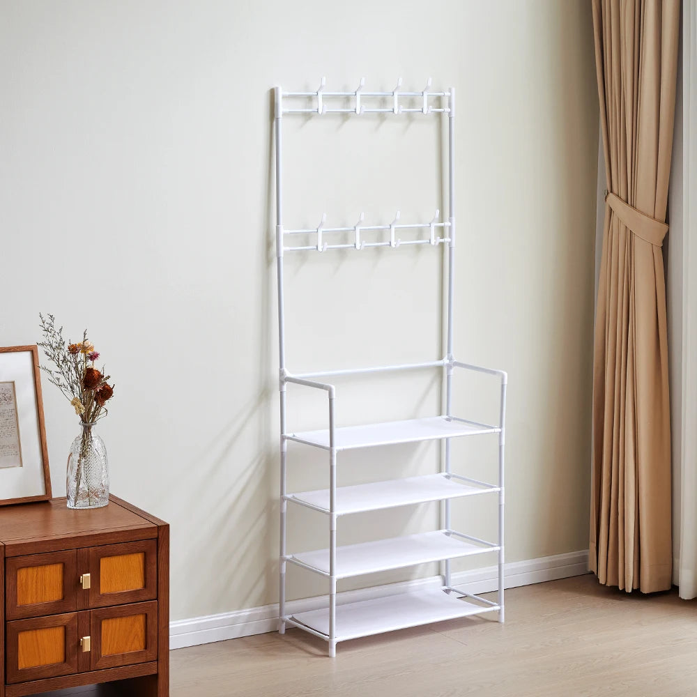 LIVING-HOME Entryway White Metal Frame Four Fabric Shelves Shoes-8 Coat Hooks Stands Storage Cabinets-Lockers /Dimensions: 60cm W x 28cm D x 158cm H