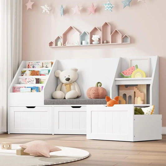 White Kids Bookshelf/ Soft Cushion Seat-Reading Nook/ Toy Storage Organizer / 3 Movable Drawers