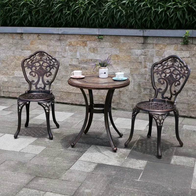No-EN-Name-Null Outdoor Courtyard Floral Small White Four Stainless Steel-Cast Aluminum Metal Round Table-Chairs Outdoor Furniture Sets/ Size: 60x58x89cm/Colors-White/ Black/Bronze/Silver/Floral