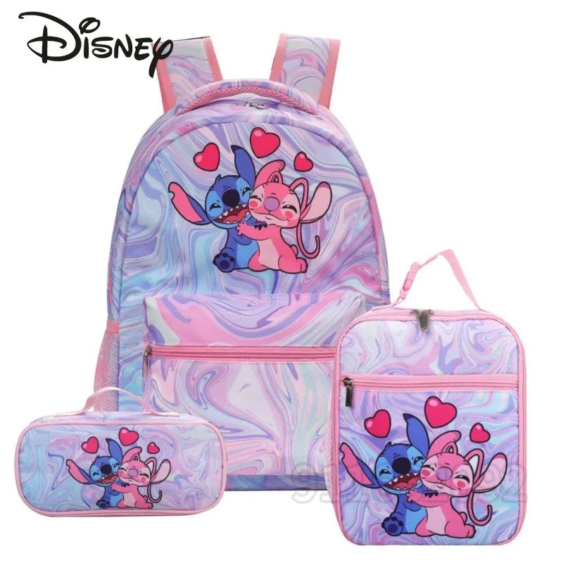 Disney Kids Large 3 PCS Cute Cartoon Stitch Movies-TV Theme Design Pink Polyester Fabric  Shoulder Straps-Handle Zipper Pockets School Backpacks Sets/Pencil Case/Small Accessory Bag/Colors-Multicolor/Pink/Blue