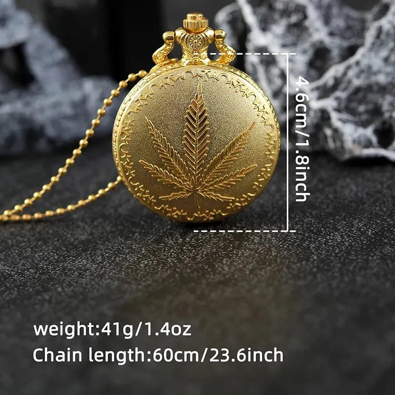 DIJANES Adults Quartz Analog Display Imitation Black Round Shaped Metal Alloy Case Abrasion-Resistant Glass Face Engraved Natural Floral Cannabis Leaf Design Pendant Chain-Pocket Watches