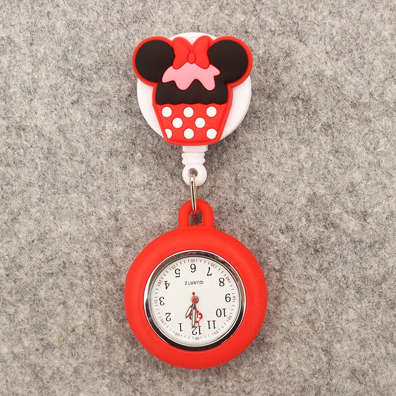 MINISO Adults Waterproof Quartz Round Red-Black Rubber Cover Metal Acrylic Case-Face Arabic Numeral Cute Cartoon Couples Minnie-Mickey Mouse-Daffy-Daisy Duck Clip-On Fob Pocket Watches/Colors-Gray/Orange/Gold/Green/Pink/Black/Brown/Blue