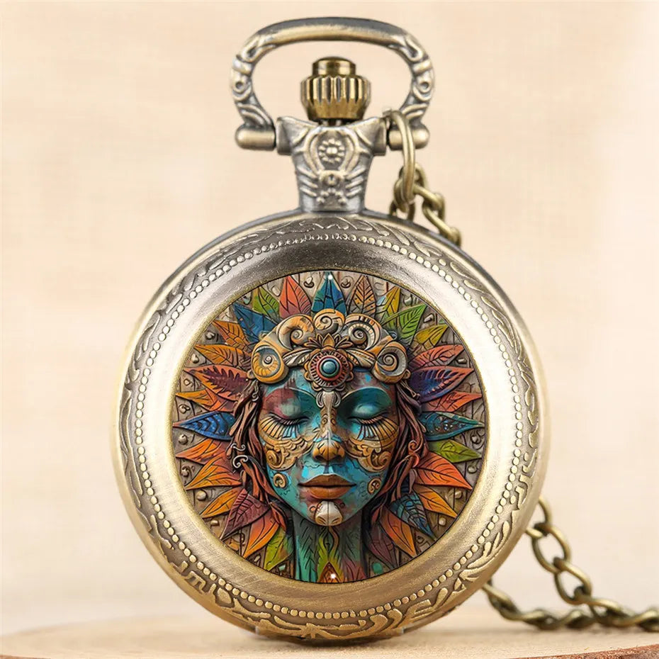 SOXY Women Waterproof Vintage Stainless Steel Metal Quartz Round Shaped Case Glass Face Analog Display Multicolor Bohemia Custom-Folk Women Face Design Bronze Necklace Chain-Pocket Watches