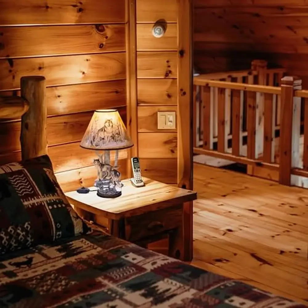 LED Light Rustic Brown Linen Shade Resin Wolves In The Wild Sculpture Wood Table Base Desk Lamps