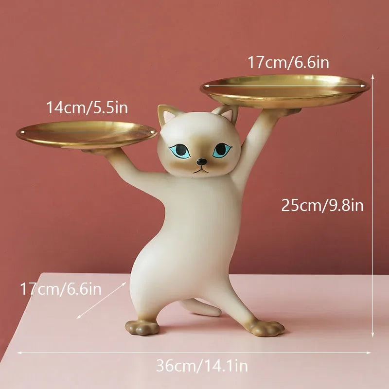 No-EN-Name-Null Modern Front Door Resin White Cat Blue Eyes Holding Two Gold Key Caddy Tray In His-Her Paws Animal Figurines /Colors-Gray/White/Gold/Blue/Brown/Animal/Multicolor