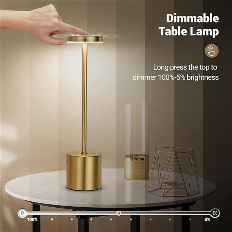 Modern Metal Slim Round Tubular Neck Black-Gold-Sliver Touch Control Battery Powered Three-Color Levels Dimming Desk Lamps/ USB Rechargeable /USB Charging Cord-Included