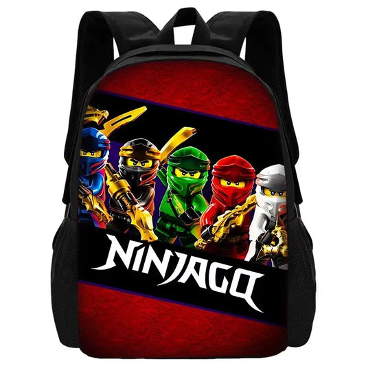 MINISO Kids Cartoon Anime NINJAGO Design Exterior Open Pocket Curve Back Multicolor Nylon Fabric Double Zippers Adjustable Straps-Handle 3 PCS School Backpacks Sets/ Lunch Bags/Pencil Bags/Laptop Inserting Pocket/Colors-Purple/Black/Red/Multicolor