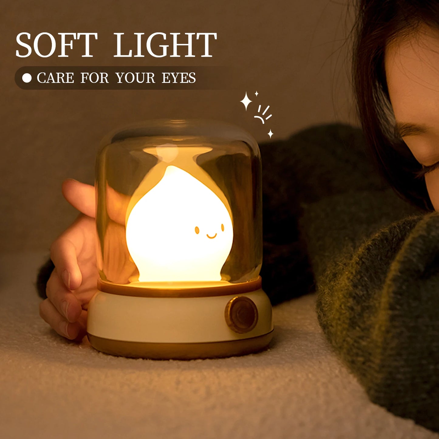 BANDIAN Kids Mini 3-Mode Warm White LED Round Clear Plastic Top Cute Cartoon Enclosed Kerosene Flame Green Bottom USB Rechargeable Lithium Battery Portable Tabletop Night Lights-Ambient Lighting/Colors-Green/White/Yellow/Clear/Batteries-Bulbs Included