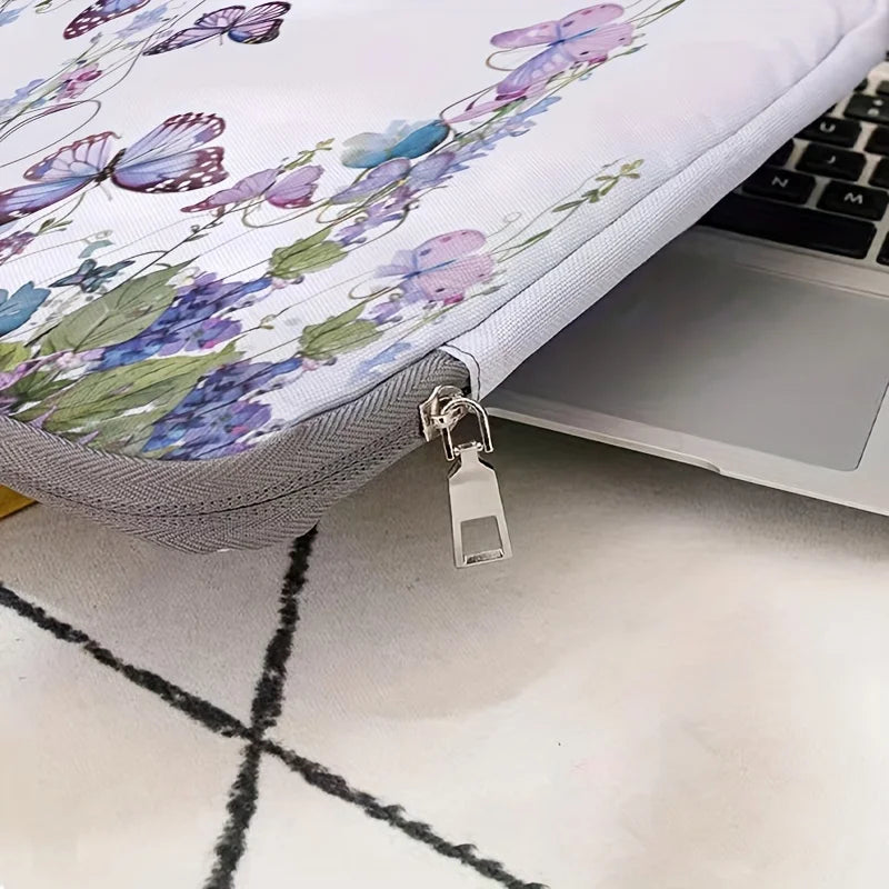 No-EN-Name-Null Modern Rectangle Floral Purple Butterfly Design Polyester Lining Carry Handle Internal Padding Single 14 Inch Laptop Compartment Zippered Bag Briefcases/ Suitable for 14 inch Laptops/With Handle/Without Handle