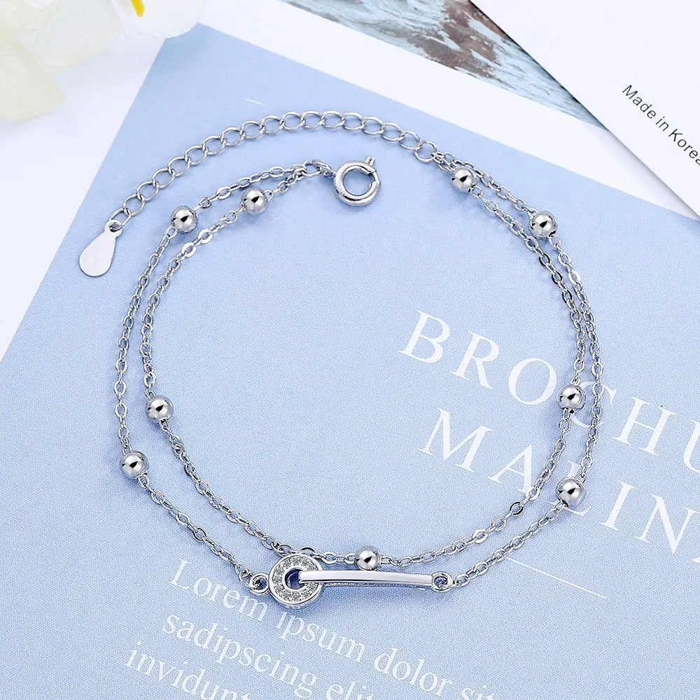 VENTFILLE Adult Women Fine Imitation Sterling Silver-Plated Metal Three-Layers Round O Rings Shaped Chain Charms Bracelets