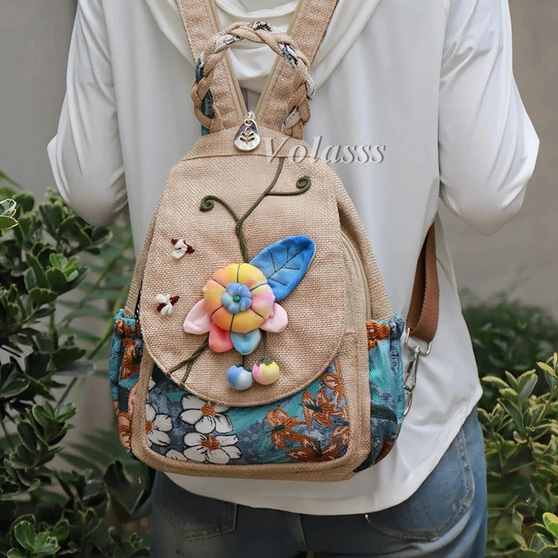 MOTAORA Women Large Handmade Waterproof Multicolor Canvas Fabric Floral Bohemian Design Anti-Theft Two Shoulder Straps-Handle Built-In Single Compartment External Pockets Travel Backpacks/Colors-Beige/Multicolor
