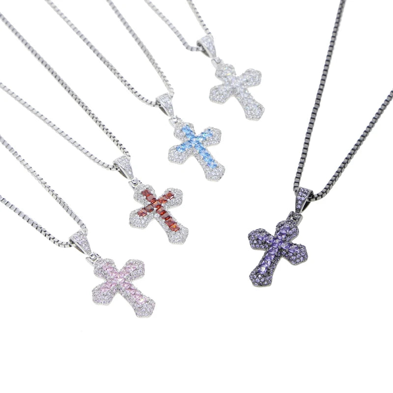 ATJMLADY Unisex Fine Imitation Silver-Plated Stainless Steel-Copper Metal Shiny Clear White-Multicolor Small Cross Pendant Box Link Chain Necklaces/Colors-Pink/Purple-Black/Multicolor/Sliver/Blue