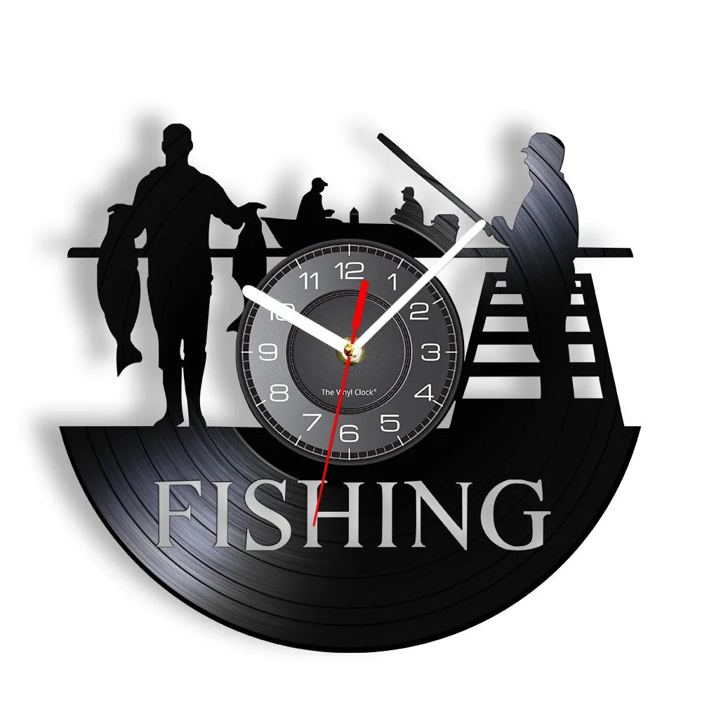 Retro Handmade Plastic Vinyl Record Gone Fishing Silhouette Of Fisherman Catching A Fish With Rod-N-Reel Wall Clocks/Battery Not Included/ 1 AA Battery Size/With-Without LED Light/Colors-Black/Geometric
