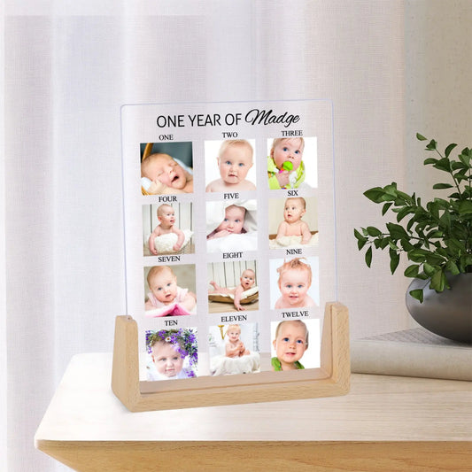 Customized Wood Base Clear Acrylic Plate Rectangle Newborn Babies First Year 12 Photo-Babies Name Display Frames/Colors-Brown/Beige/Clear