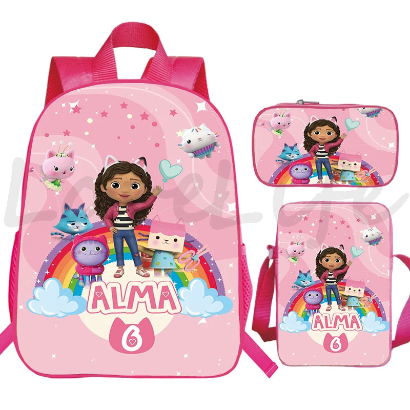 JUNBIE Kids Waterproof Pink Nylon Fabric Cute Cartoon Gabby's Dollhouse Design Zippers Curve Back Shoulder Straps-Handle Built-In Laptop Compartment External Pockets Backpacks/Colors-Pink/Multicolor
