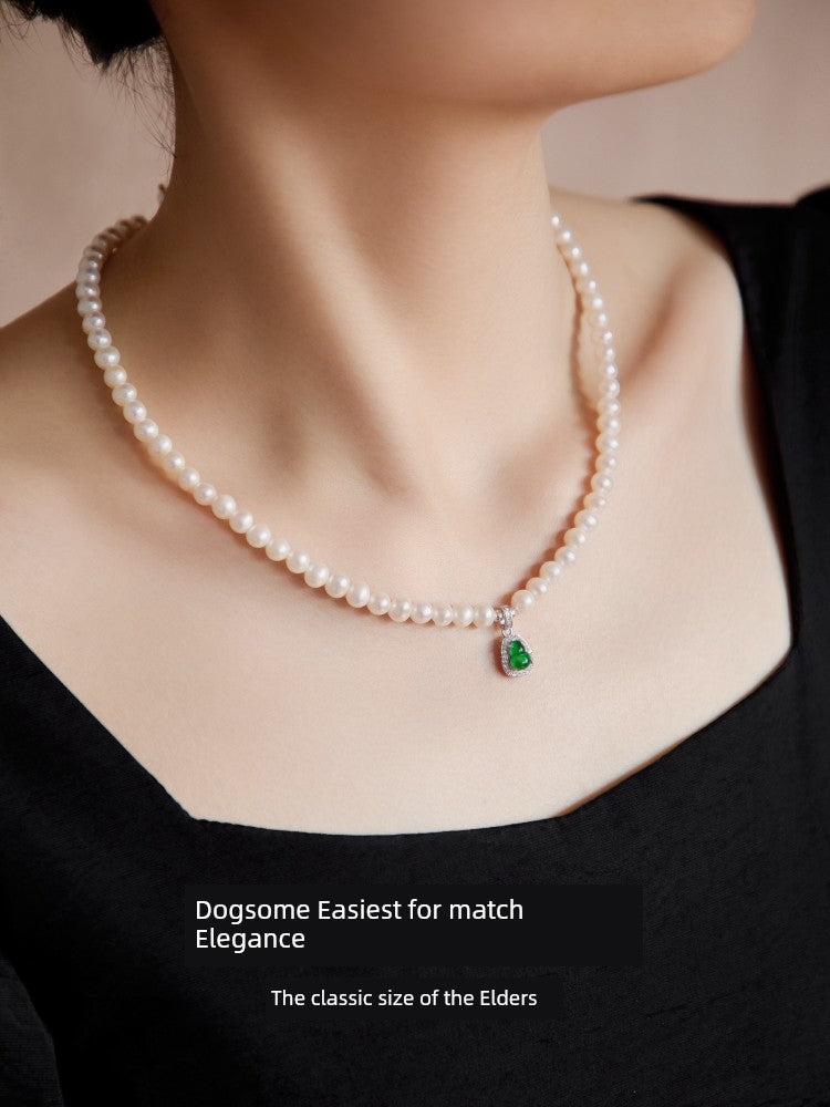 MOUNTAIN RULER Adult Women Fine Imitation Sterling Silver Metal White Mother-Of-Pearl Beads-Natural Green Gourd Jade Pendant Clavicle Chain Necklaces
