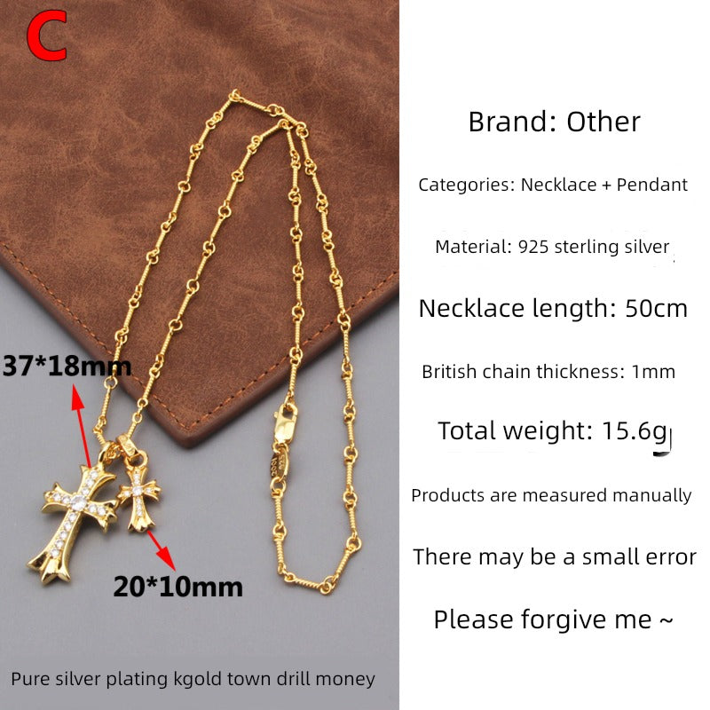 Adult Unisex Fine Imitation Silver-Gold-Plated Clear White Shiny Diamond-Like Gemstones-Silver Metal Cross Pendant Necklaces