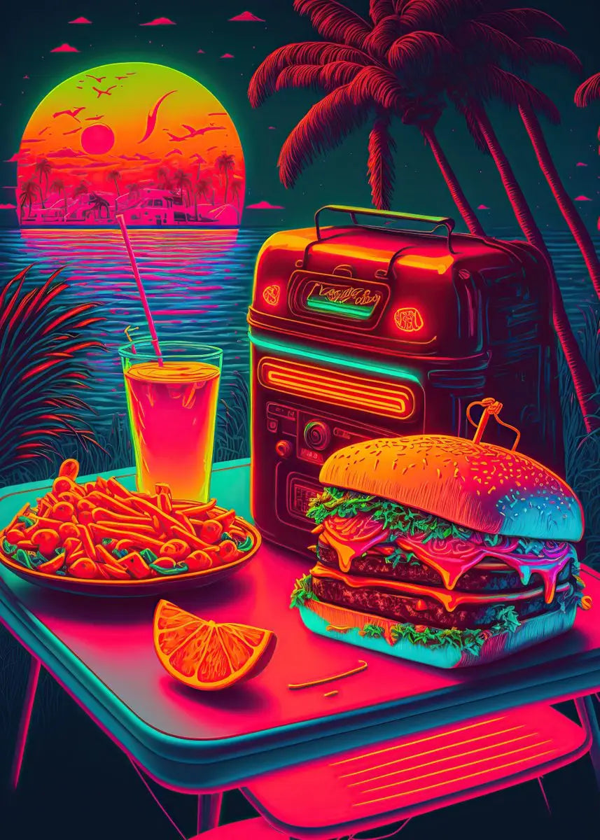 Unframed Modern Cotton Canvas Cartoon Neon Fast Food/Soft Drinks Prints/Colors-White/Blue/Multicolor
