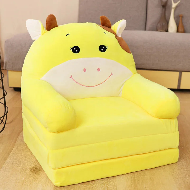 MDNG Modern Kids Customized Upholstered Padding Cute Soft Gray Velvet Fabric Cartoon Animal Faces Folding-Out Play Arm Chairs/Sponge Filling/Colors-Green/Pink/Yellow/Gray/Animals