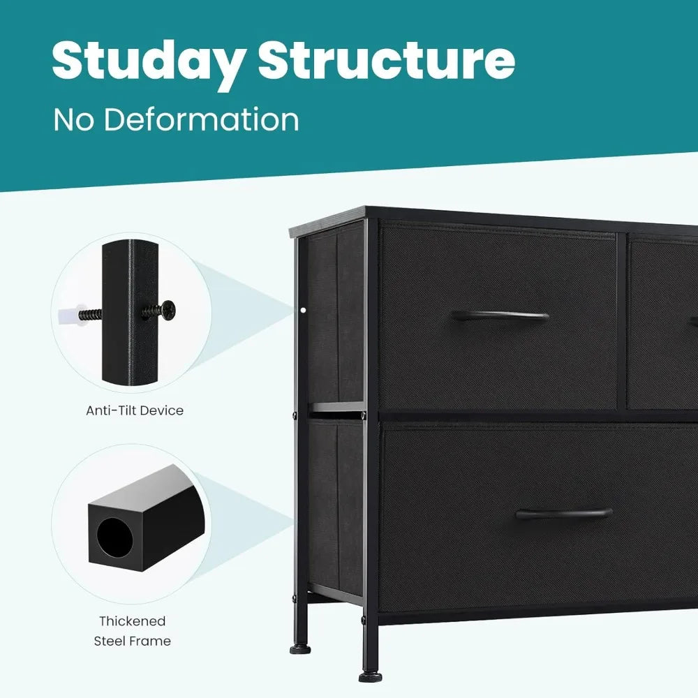 RUO WU Kids Small Rectangle Shaped Black Modern Wood Anti-Tilting Steel Frame Unfinished Adjustable Feet Dressers/5 Fabric Drawers/Plastic Handles/Colors-Black/Brown/Gray/White/Cross Support Bars