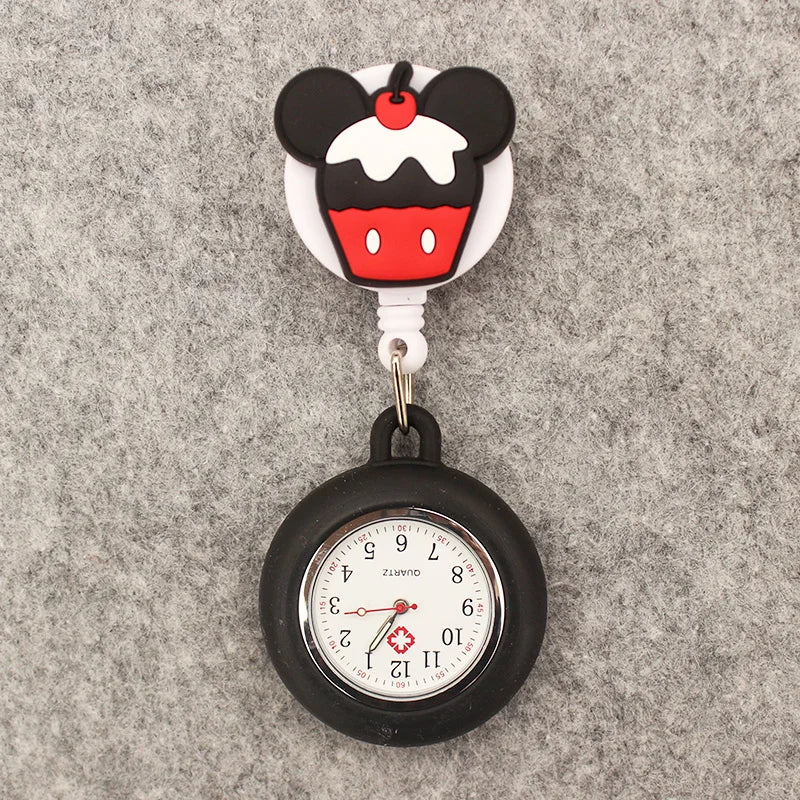 MINISO Adults Waterproof Quartz Round Red-Black Rubber Cover Metal Acrylic Case-Face Arabic Numeral Cute Cartoon Couples Minnie-Mickey Mouse-Daffy-Daisy Duck Clip-On Fob Pocket Watches/Colors-Gray/Orange/Gold/Green/Pink/Black/Brown/Blue