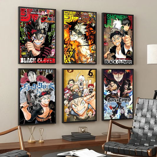 No-EN-Name-Null Modern Retro Rectangle Synthesized Paper Frameless HD Japanese Anime Black Clover Comics Books-Movies Design Self-Adhesive Waterproof Wall Art Posters/Colors-Black/Red/Orange/Multicolor
