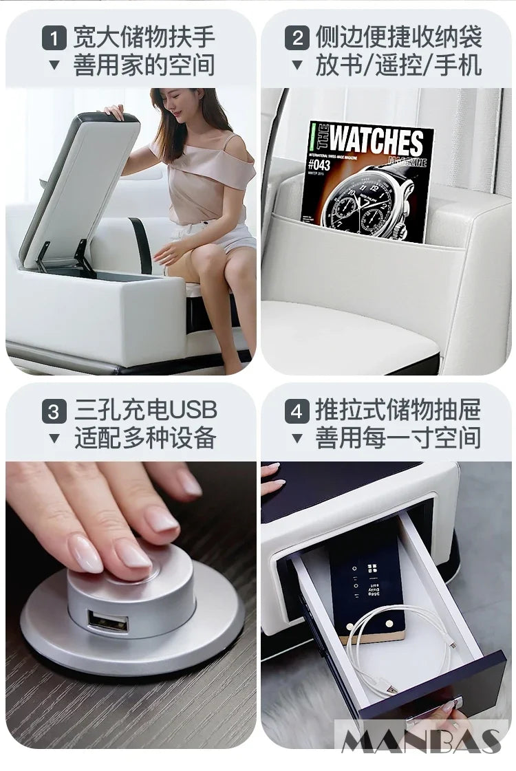 MANBAS Modern Adjustable Headrest L-Shaped White-Black Trim Italian Soft Genuine Leather Cushion Corner Couches/ Bluetooth Speaker/ USB Port/Cup Holder