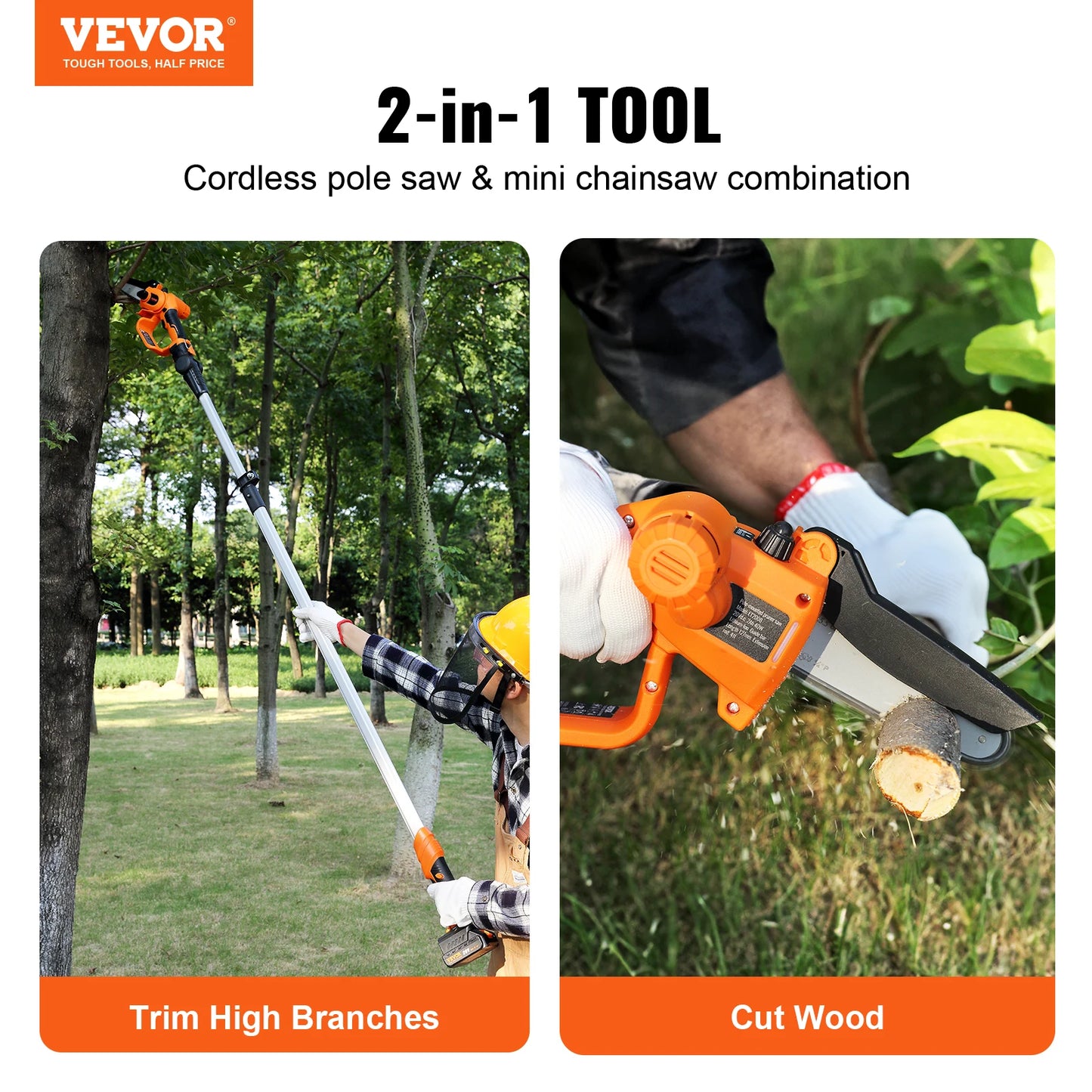 VEVOR Outdoor DC-Powered Rechargeable Battery-Powered 2-in-1 Cordless Orange-Black-Silver Pole Saw-Mini Woodcutting Chainsaw Sets/Outdoor Battery Charger/20V 2Ah Battery/Colors-Orange/Black/Silver
