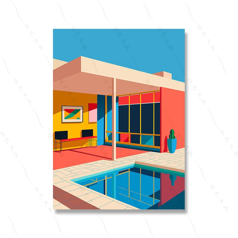 Modern Rectangle Canvas Frameless Mirrored Colorful Waterproof Ink Game Balcony-Poolside Rooftop Giclee Abstract Wall Prints/Colors-Multicolor/Blue/Red/White