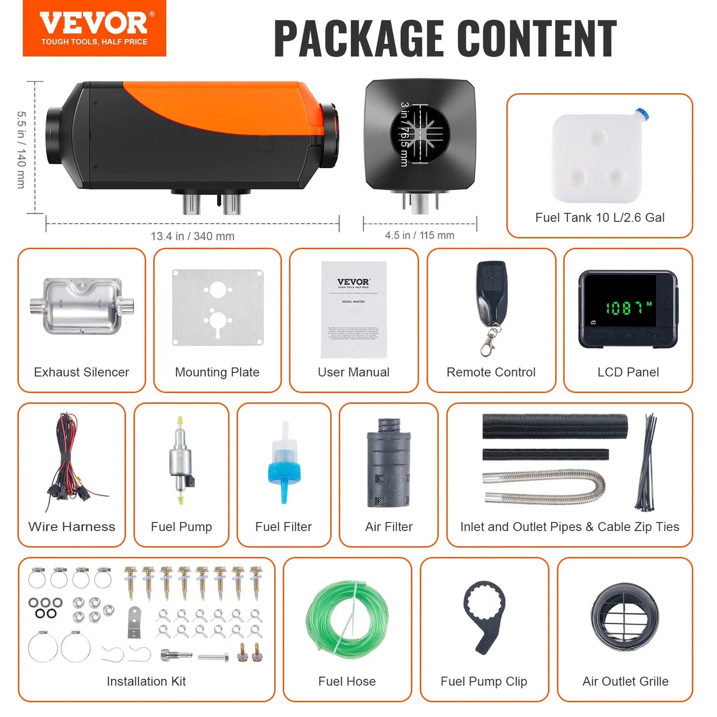 VEVOR Orange-Black Body HD LCD Display Silencer Remote Control Low-Noise DC-Powered 5KW Power Air Diesel Space Heaters