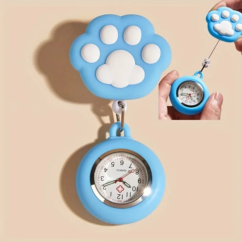 RUNERR Adults Waterproof Quartz Metal Alloy Round Shaped Glass Face Digital-Analog Display Retractable Cute Cartoon Pink Cat Paw Silicone Cover Clip-On Nurse-Doctor-Paramedic Fob Pocket Watches/Colors-Pink/Light Blue/Yellow/White