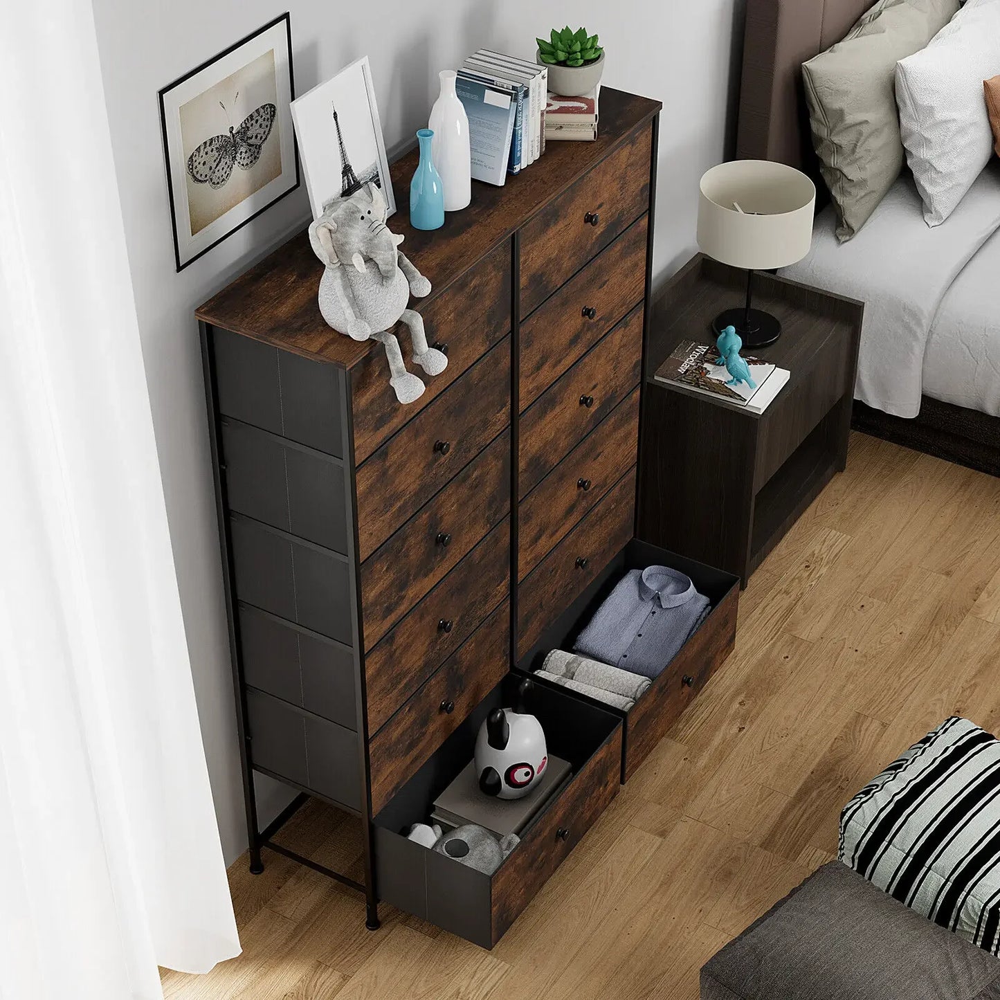 No-EN-Name-Null HOMFA Antique Large Brown Rectangle Shaped Wood Top-12 Drawers Iron Metal Rods Frame Cross-Back Design Free-Standing Tall Fabric Bin Dressers