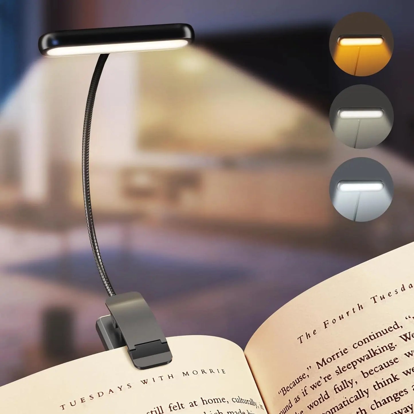No-EN-Name-Null Modern Black Plastic Long Rectangle Head Adjustable Flexible Gooseneck Three Color Modes Warm-Cool-Daylight LED Light USB Rechargeable Cable Portable Battery Powered Easy Clamp-On Book Reading Lamps