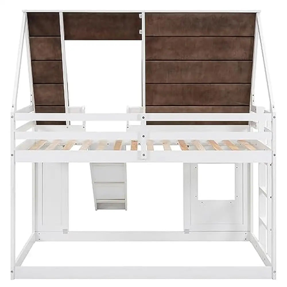 DUTRIEUX Modern Rustic Painted White-Brown Pine Wood Playhouse Shaped Framework Ladder On The Side Slide In Front Twin Low Bunk Beds-Bed Frames Sets /Weight Max: 400 LBS/Slats Included