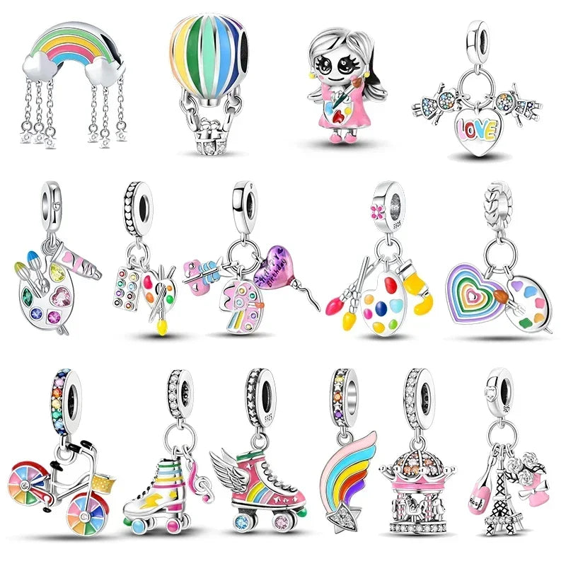 No-EN-Name-Null Women Sterling Silver Enamel Rainbow-Hot Air Balloon Design Fine Imitation Zircon Stone Glass Nuggets Beads Shaped Charms-Pendants/ Colors-Rainbow/Multicolor/Silver/Pink/Animal/Floral