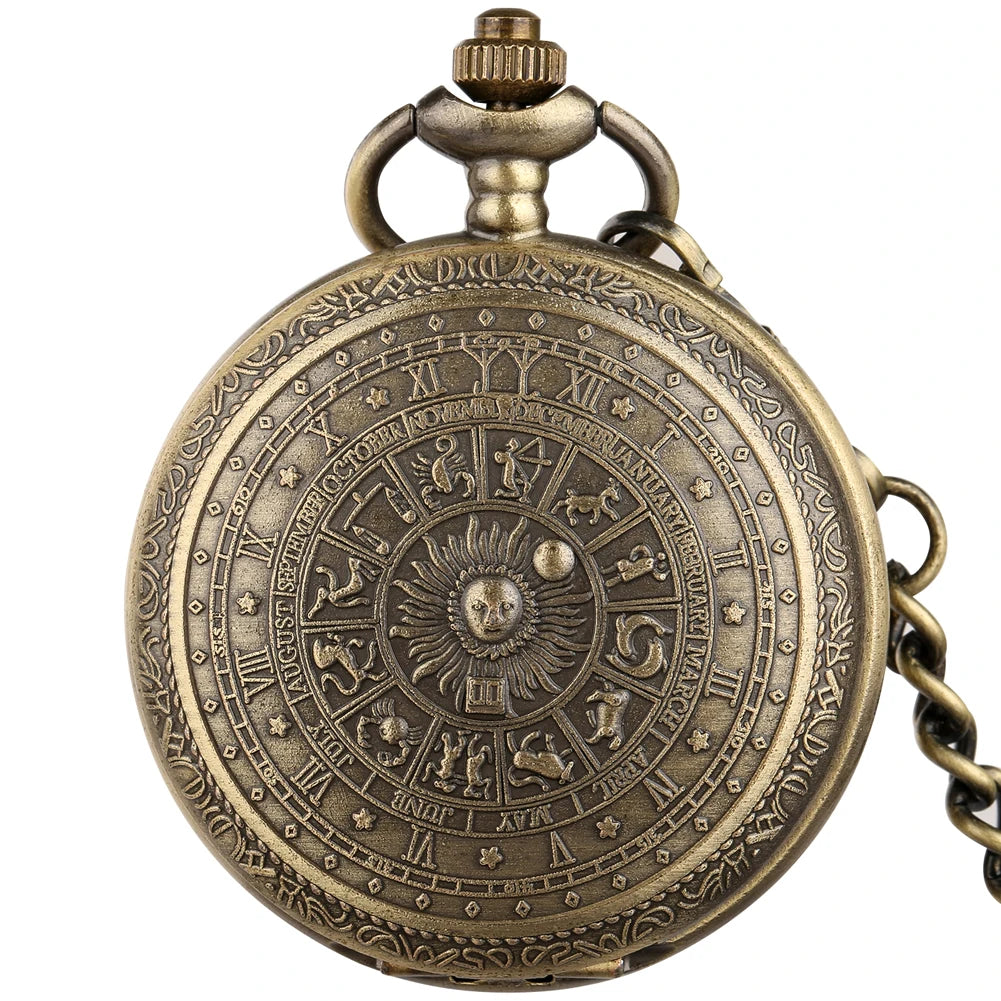 YISUYA Adults Antique Bronze Quartz Analog Display Acrylic Face 12 Constellations-Zodiac Signs Design Metal Alloy Round Shaped Case White Face Black Numbers Bronze Pendant Chain-Pocket Watches