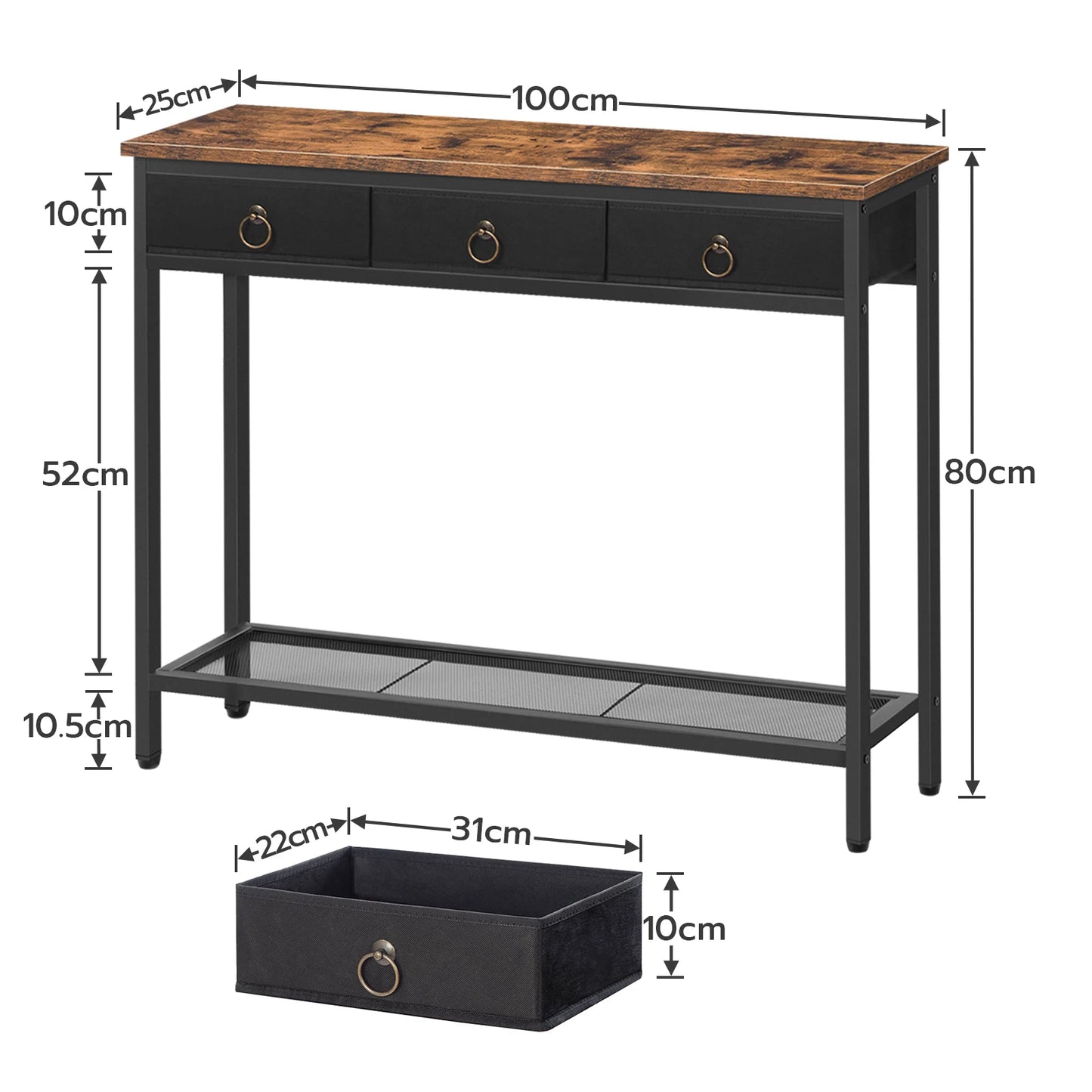 No-EN-Name-Null HOOBRO Antique Rustic Brown Rosewood Top Rectangle Shaped Black Metal Frame Narrow Entryway Console Tables/ 2 Drawers/ 2 Shelves