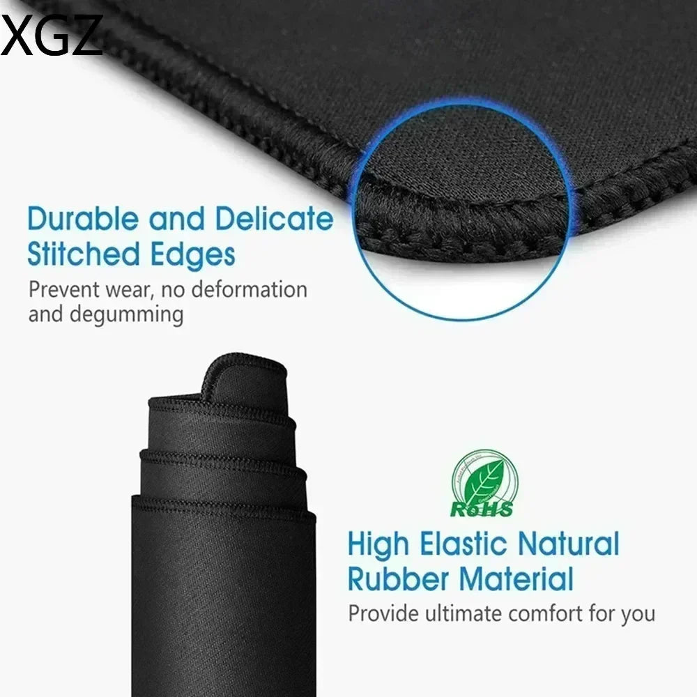 XGZ Customized XL-XXL Large Sizes Printed Ultra Smooth Polyester Fabric Surface Top Durable Washable Anti-Fade Black Rectangle Non-Slip Natural Rubber Base Stitched Edges Gaming Mouse Pads