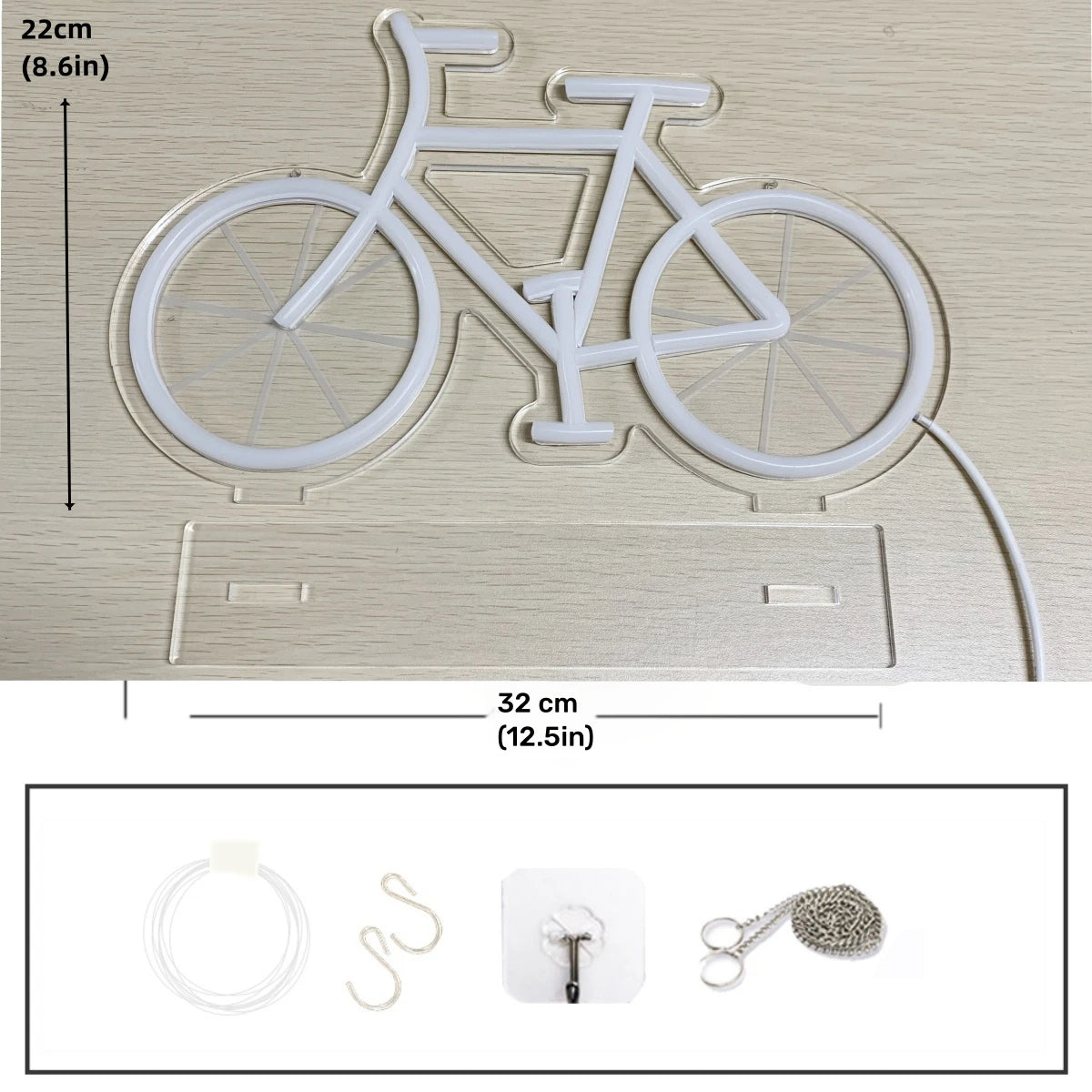 DELINEON Indoor Free Standing Adjustable Acrylic-Silicone LED NEON Blue Bicycle Shaped Wall-Mounted NEON Signs/Colors-Pink/White/Blue/USB-DC Powered/Dimmer Switch/Paste Hook-2 Hooks/Transparent Line/Power Cord/Meta Chain
