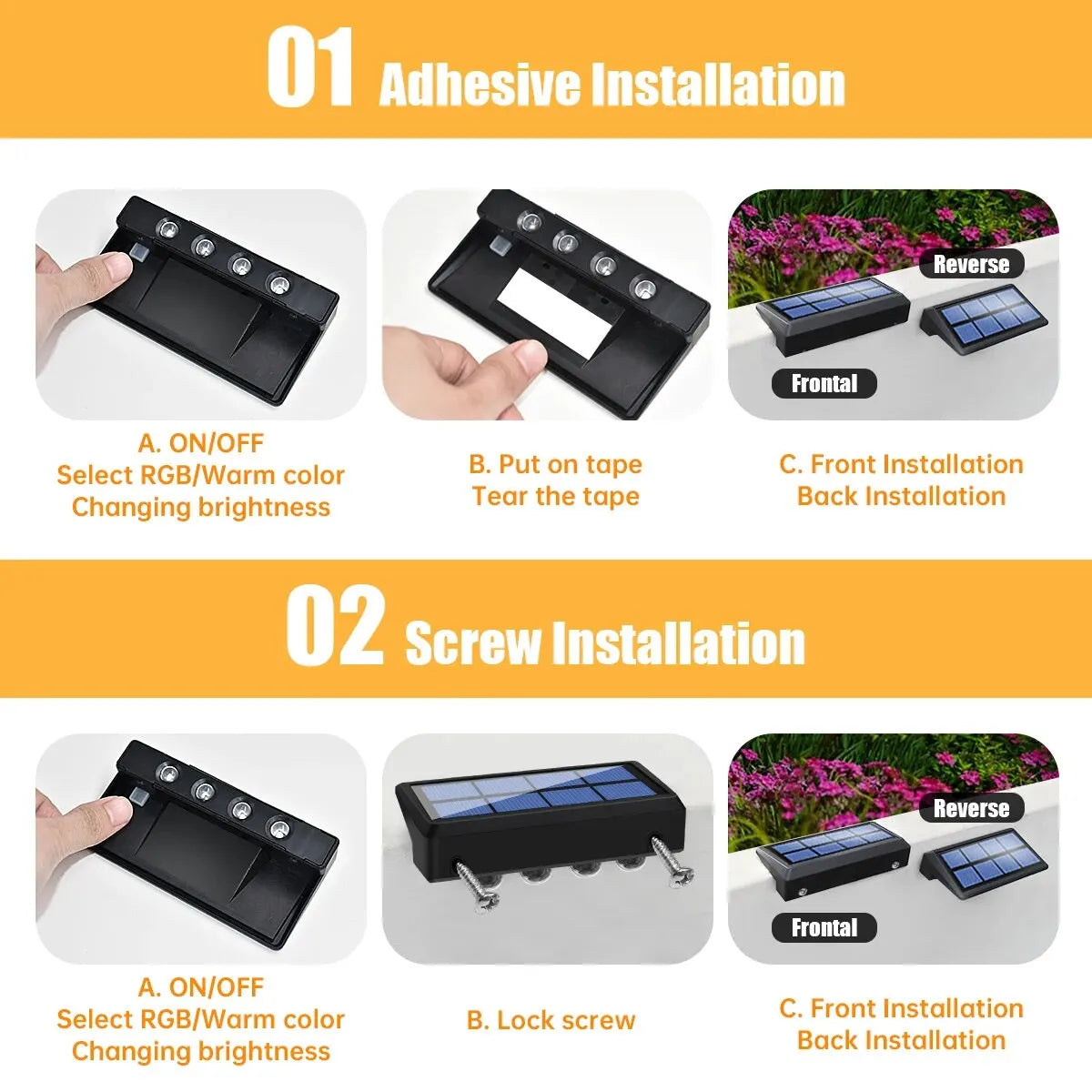 AMARYLLIS ART DECO Style Outdoor Waterproof Dimmable Warm White LED Lights RGB Changing Colors Black Rectangle Shaped Plastic Body Solar-Powered Lithium Battery Step Lights Landscape Pathway Lighting /Colors-Black/White/Multicolor