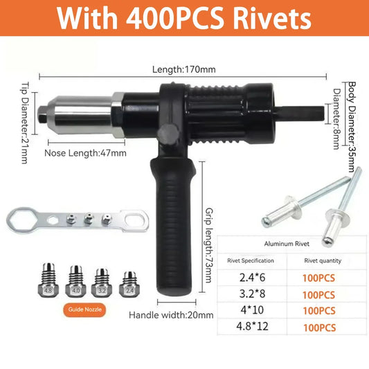 No-EN-Name-Null Industrial Grade Lightweight Black Plastic-Silver Metal Nose Cordless Handheld Electric Fast Pulling Hard Drilling Rivet Guns /Optional: With-Without 400 PCS Hard Metal Rivets