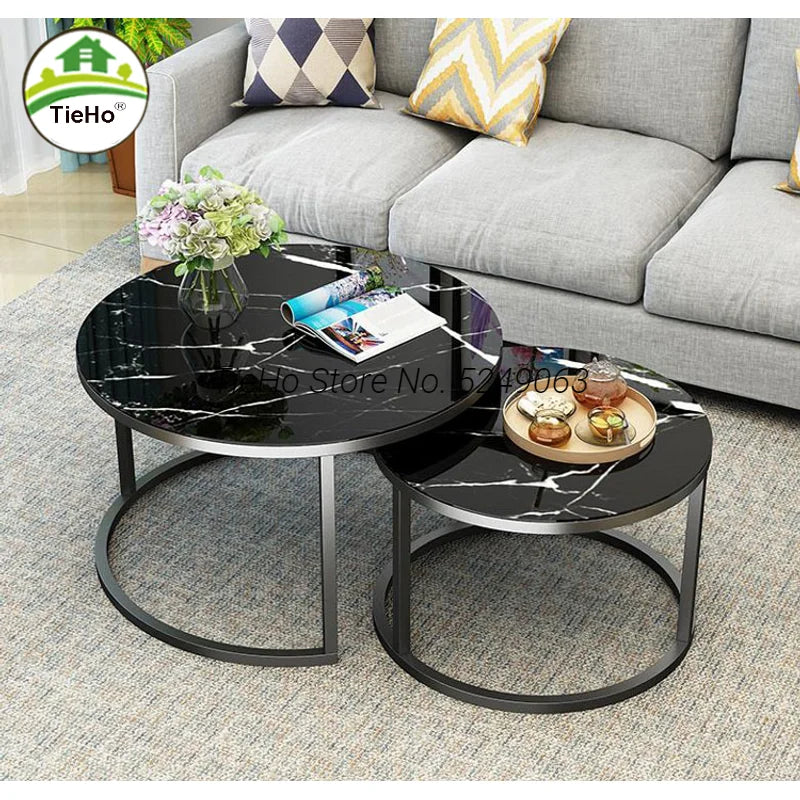 TIEHO Modern 2-In-1 Combination Cafe Black Round Shaped Tempered Glass Tabletop White Iron Metal Frame Base Nesting Coffee Table Sets